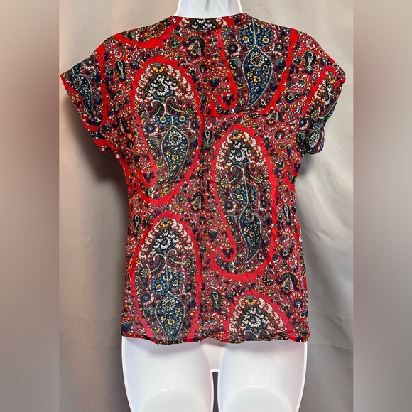 Lucky brand women's shirt top red pattern knit size S short sleeve tie bottom - Picture 2 of 9